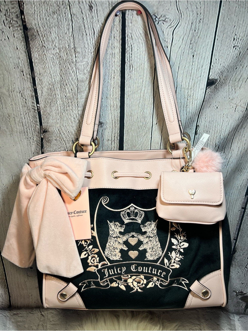 Juicy Couture Black and Light Pink Embroidered Shoulder Tote